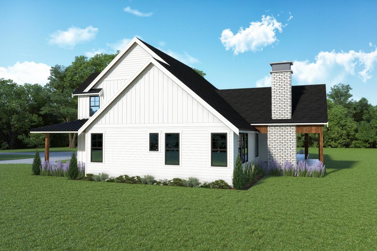 Modern Farmhouse house plan exterior with board and batten siding, gables, a covered porch, and a brick chimney.