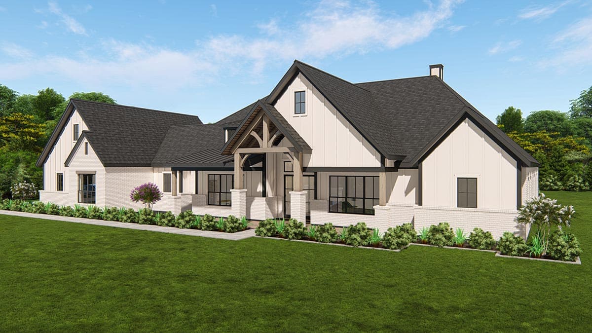 House plan exterior of a Modern Farmhouse style home with white brick base, vertical siding, gables, and a timber-framed covered entry.