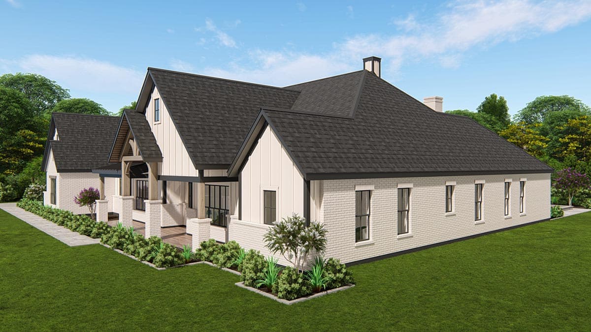 Modern Farmhouse house plan exterior with white brick, dark roof, gables, and covered porch with wood beams.