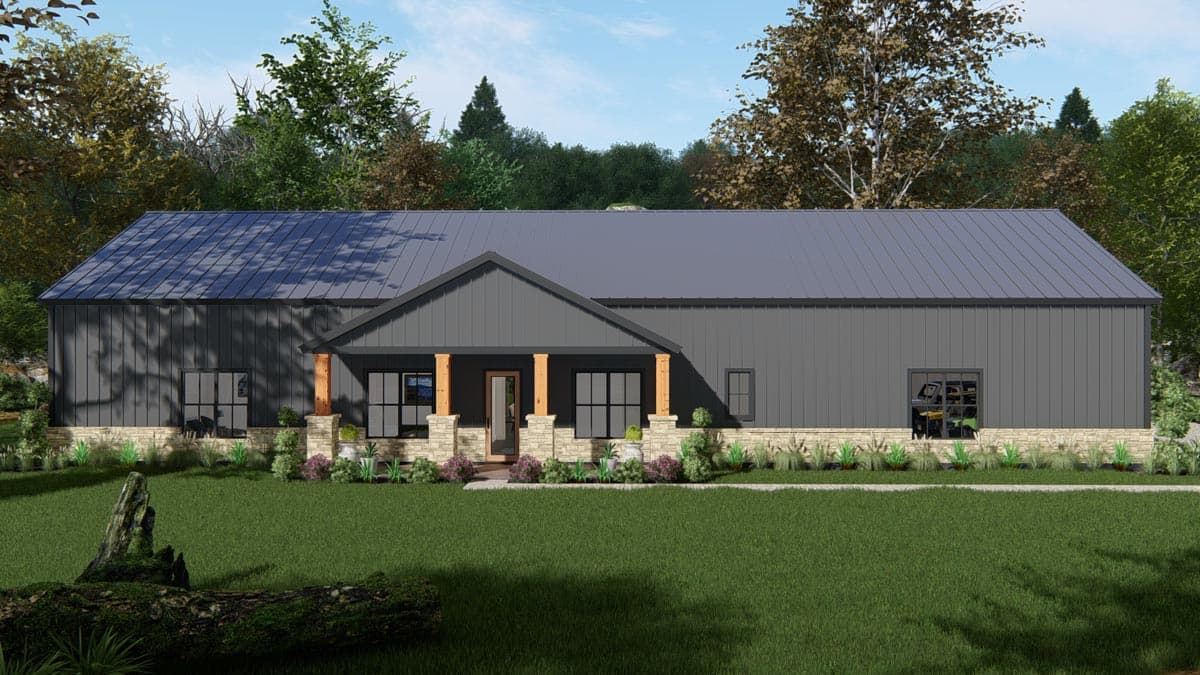 House plan exterior of a single-story Modern Farmhouse with a metal roof, gabled entrance porch supported by wood columns, and stone skirting.