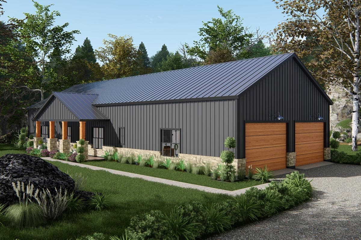 House plan exterior with metal siding, gabled roof, covered porch with stone base columns, and two-car garage.