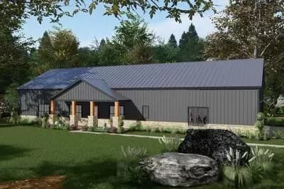 2600 Square Foot Modern Ranch Barndominium Plan with 14 Foot Ceilings in Open Living Area