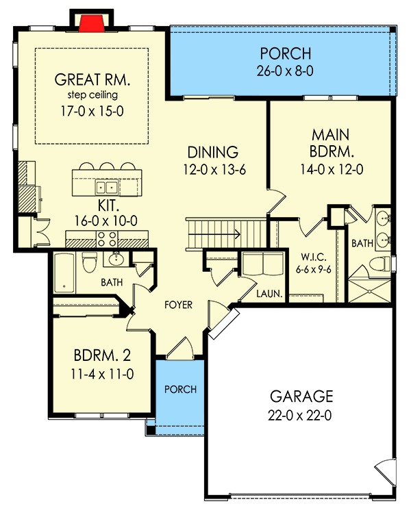 Plan 790130GLV: 2-Bed New American Craftsman Home Plan Under 1400 Square Feet - Floor Plan - Main Level - Craftsman, New American, Northwest, Ranch, Traditional