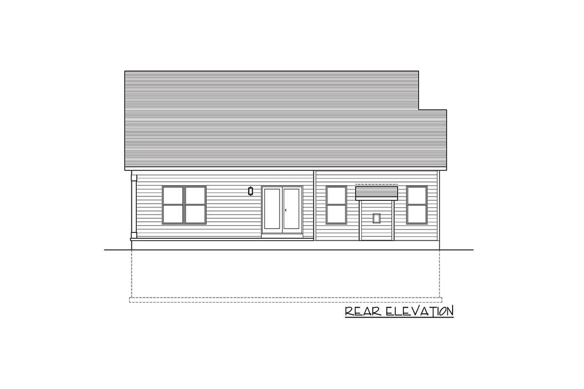 Rear elevation drawing of a one-story house plan with double doors, three windows, and a small covered structure.
