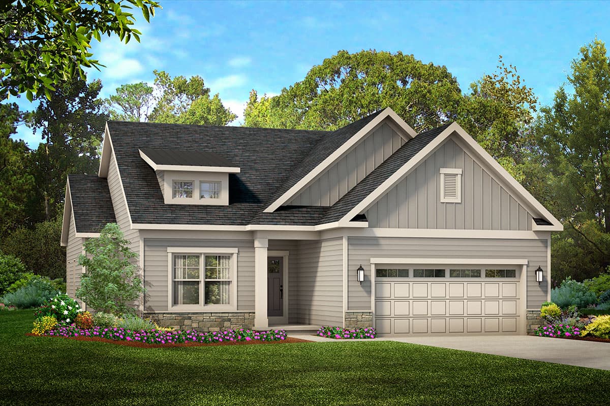 House plan exterior. One-story house with gabled roof, dormer, and attached two-car garage. Features include a front porch and vertical siding.