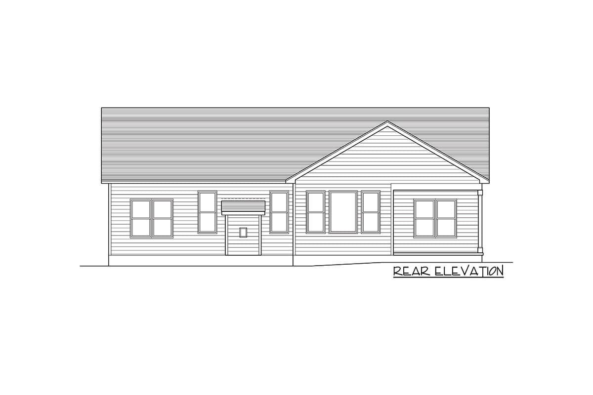 Rear elevation drawing of a one-story house plan featuring a gable roof, numerous windows, and a small entrance structure.