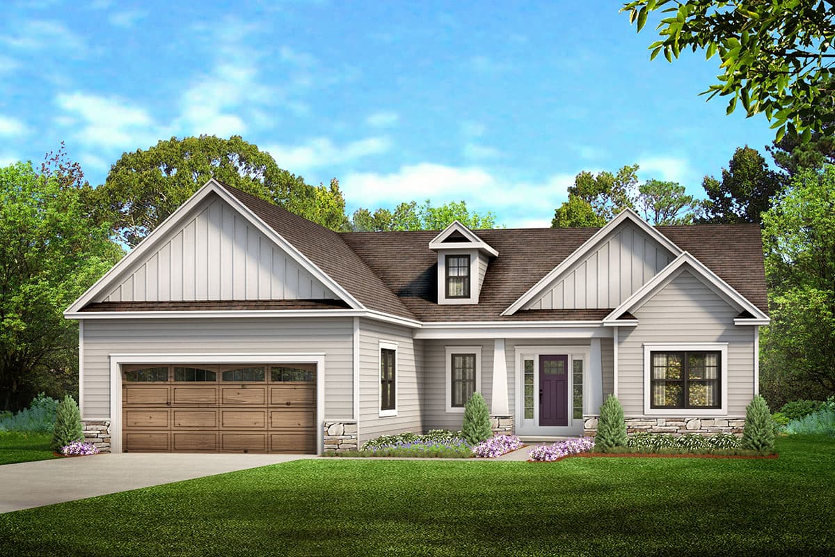 House plan exterior. Craftsman style, single-story home with a gabled roofline, dormer, and attached garage. Stone accents and covered entry porch.