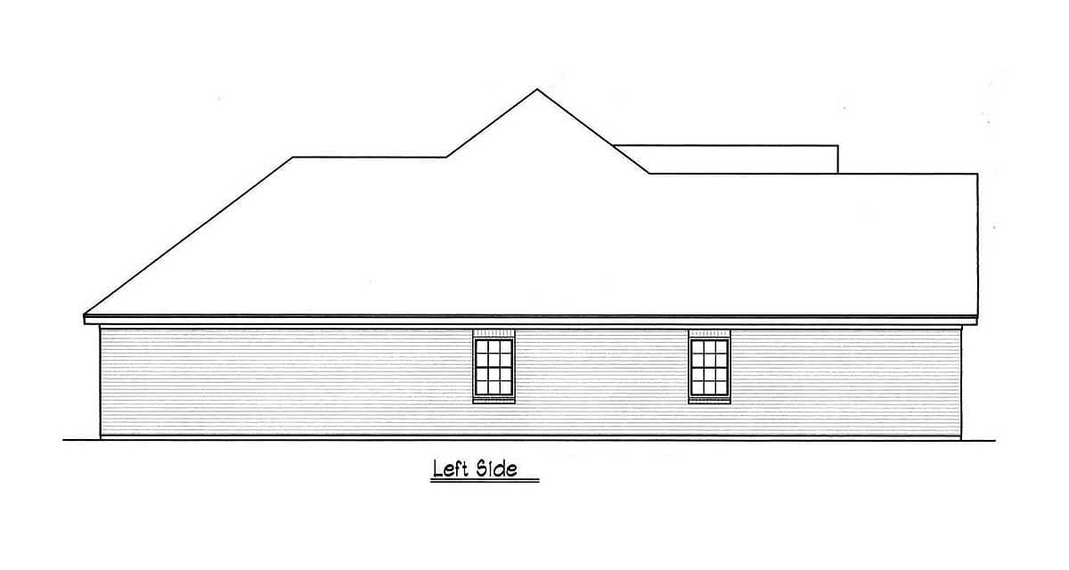 House plan left side elevation with hip roof, gable, and two multi-pane windows.