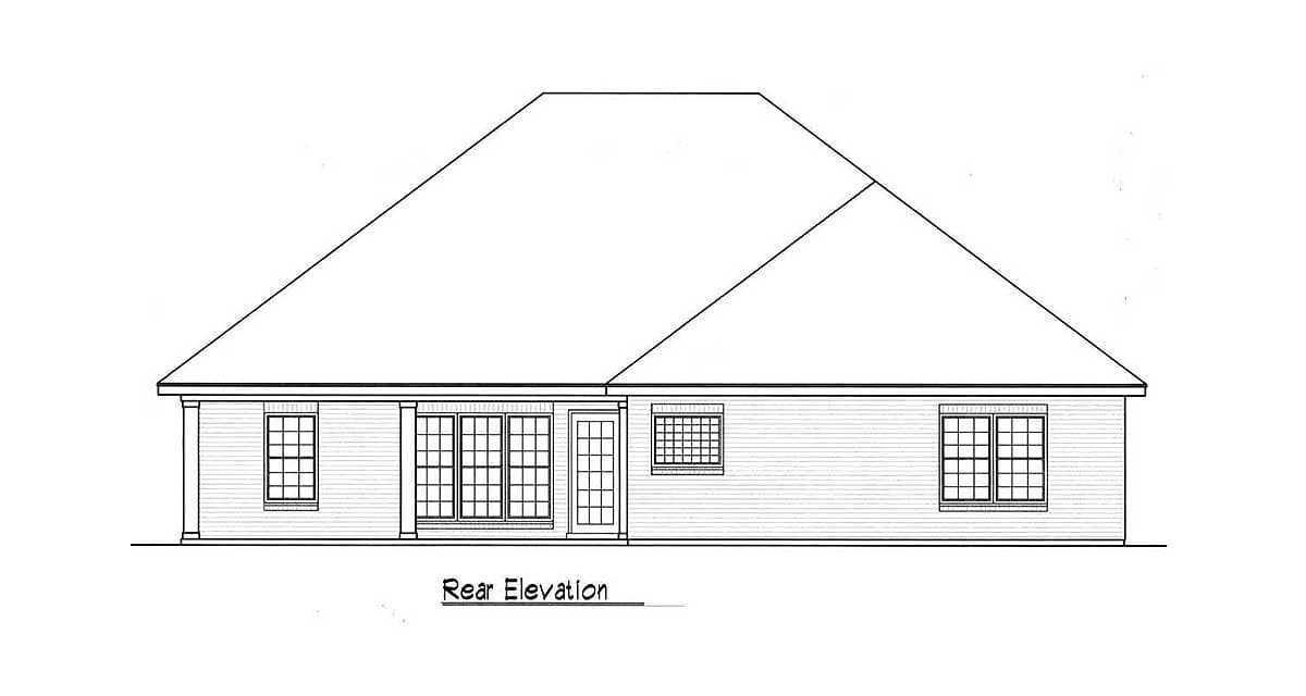 Rear elevation drawing of a one-story house with a hip roof, showing windows, a door, and horizontal siding.