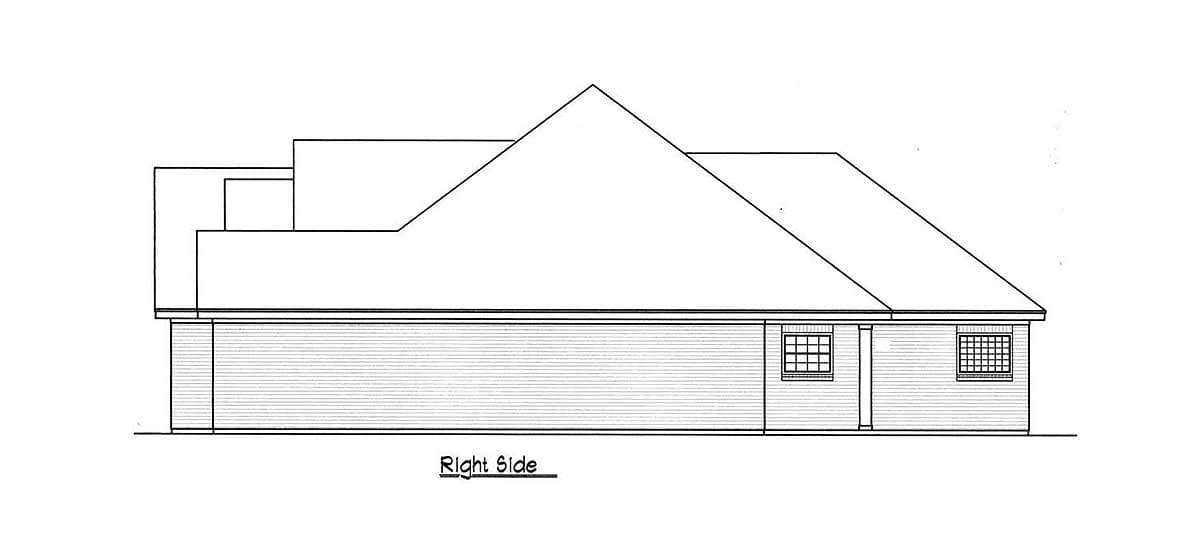 Right side elevation drawing of a house plan with multiple intersecting rooflines and two windows.