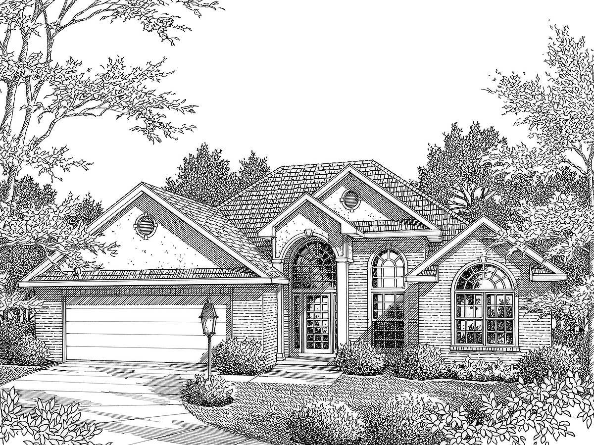 House plan exterior, two-story brick home with gabled dormers, arched windows, and a two-car garage.