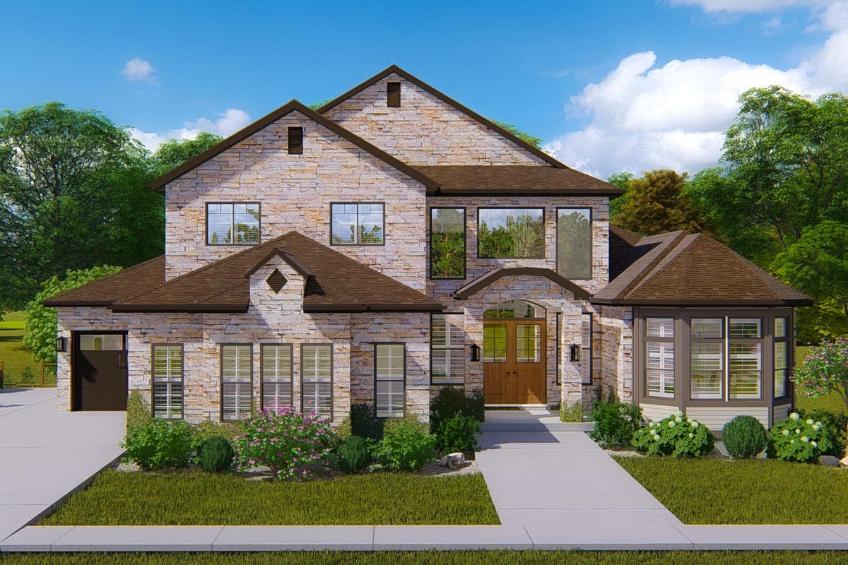 House plan exterior. Two-story home with stone facade, multiple gables, and bay window. Features an attached garage and arched entry.