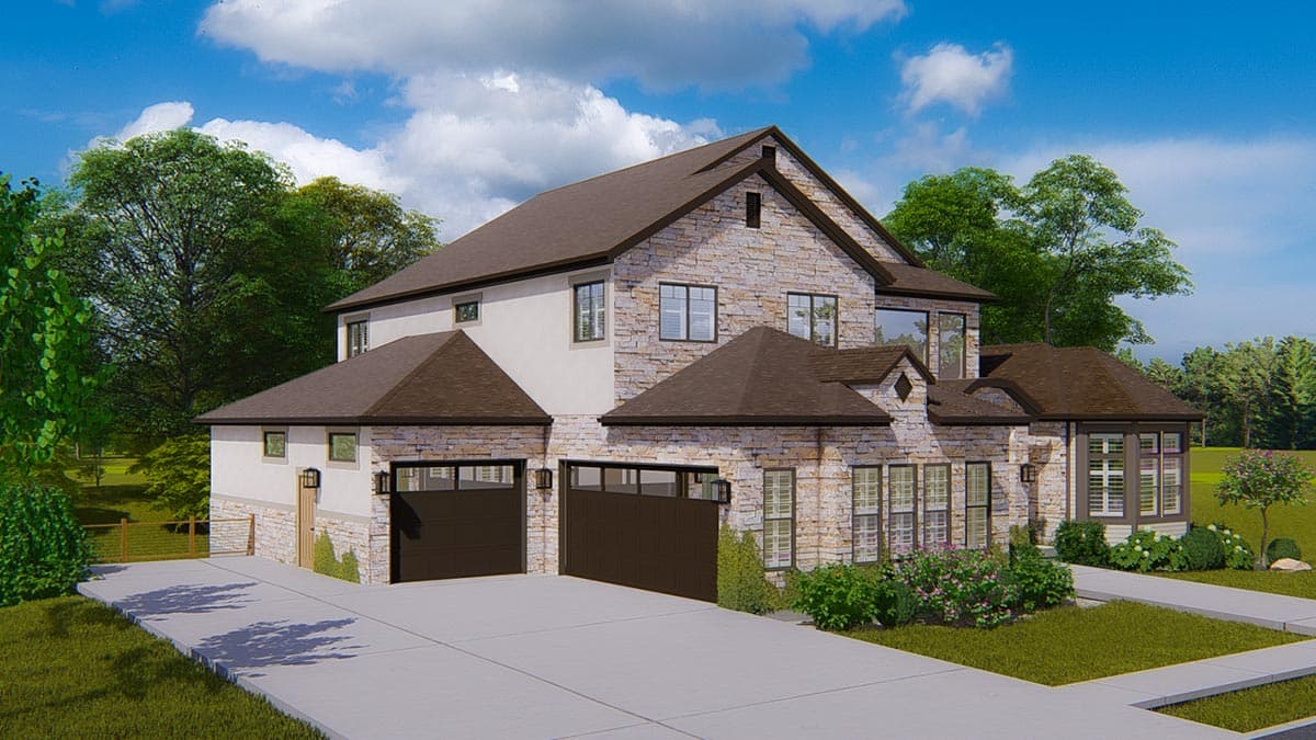 House plan exterior: two-story Modern Farmhouse with stone accents, a prominent gable, multiple rooflines, and a side-entry two-car garage.