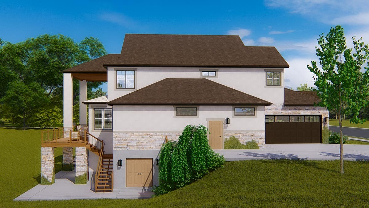 House plan exterior: Two-story residence with attached two-car garage, covered porch, and multi-level deck.