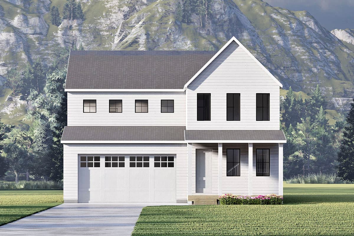 House plan exterior. Two-story, farmhouse-style home with a gable roof, front porch, and attached garage. Features multiple rectangular windows.