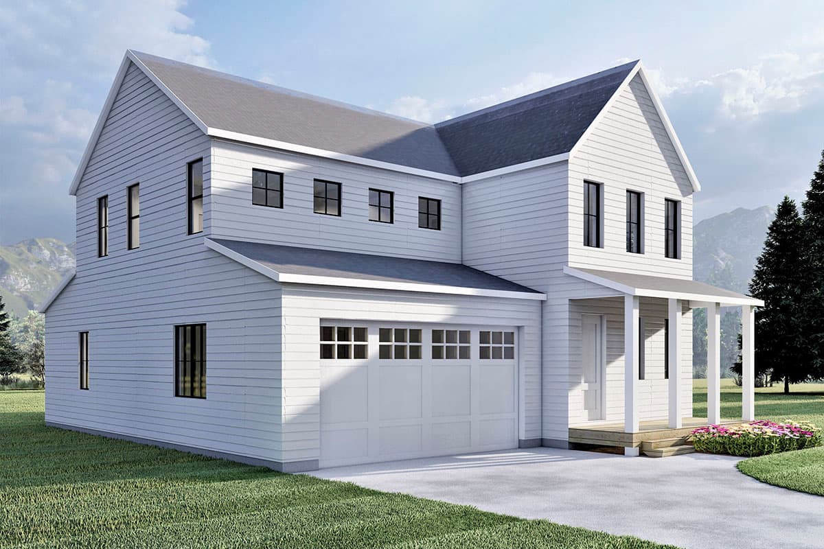 Two-story house plan exterior with a gabled roof, front-facing garage, and covered entry porch.