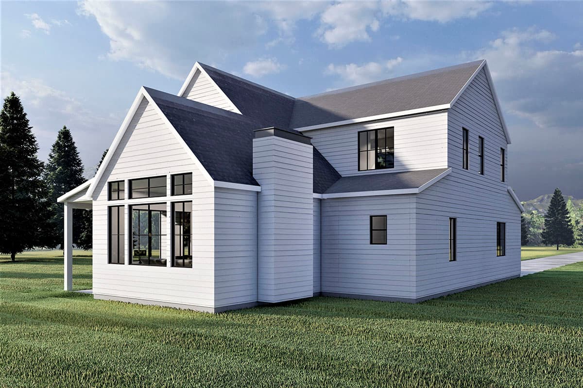 House plan exterior: Two-story modern farmhouse with gables, large windows, and prominent chimney.