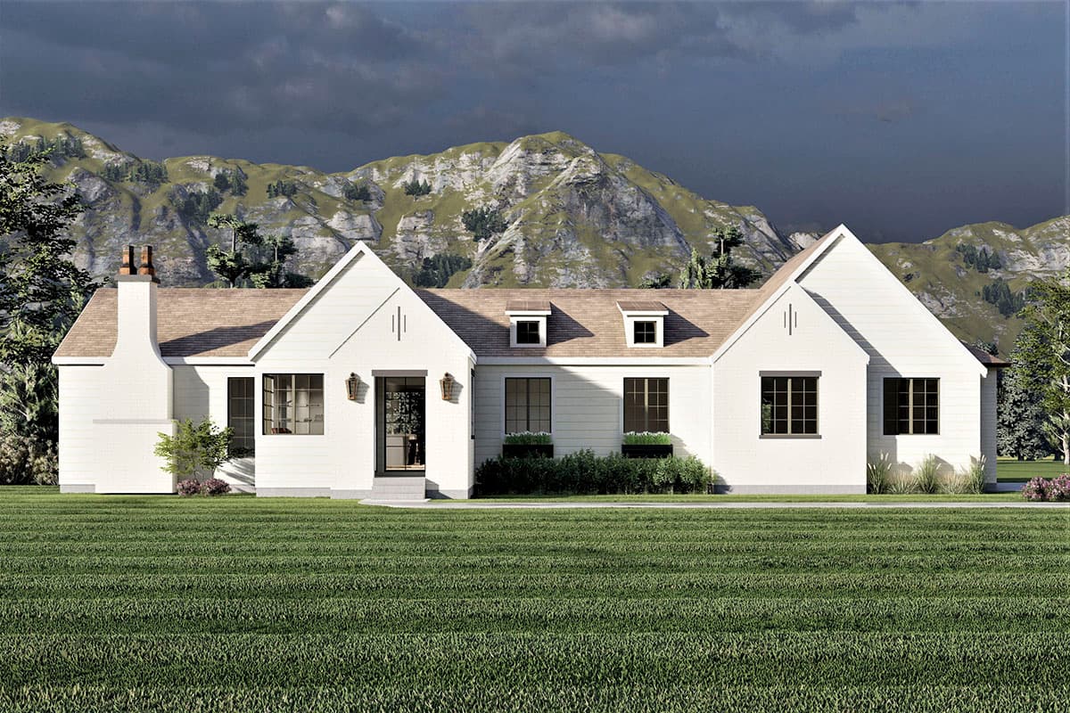 House plan exterior. Two-story house with gabled roof, dormers, and chimney. Features include a centered front entry and several dark-framed windows.