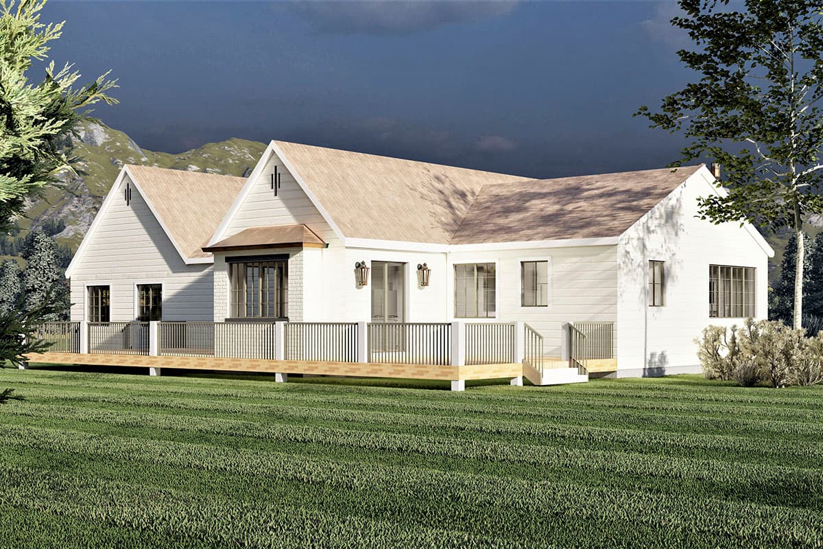 House plan exterior rendering of a one-story Modern Farmhouse with a wide wraparound deck, gabled rooflines, and a bay window.