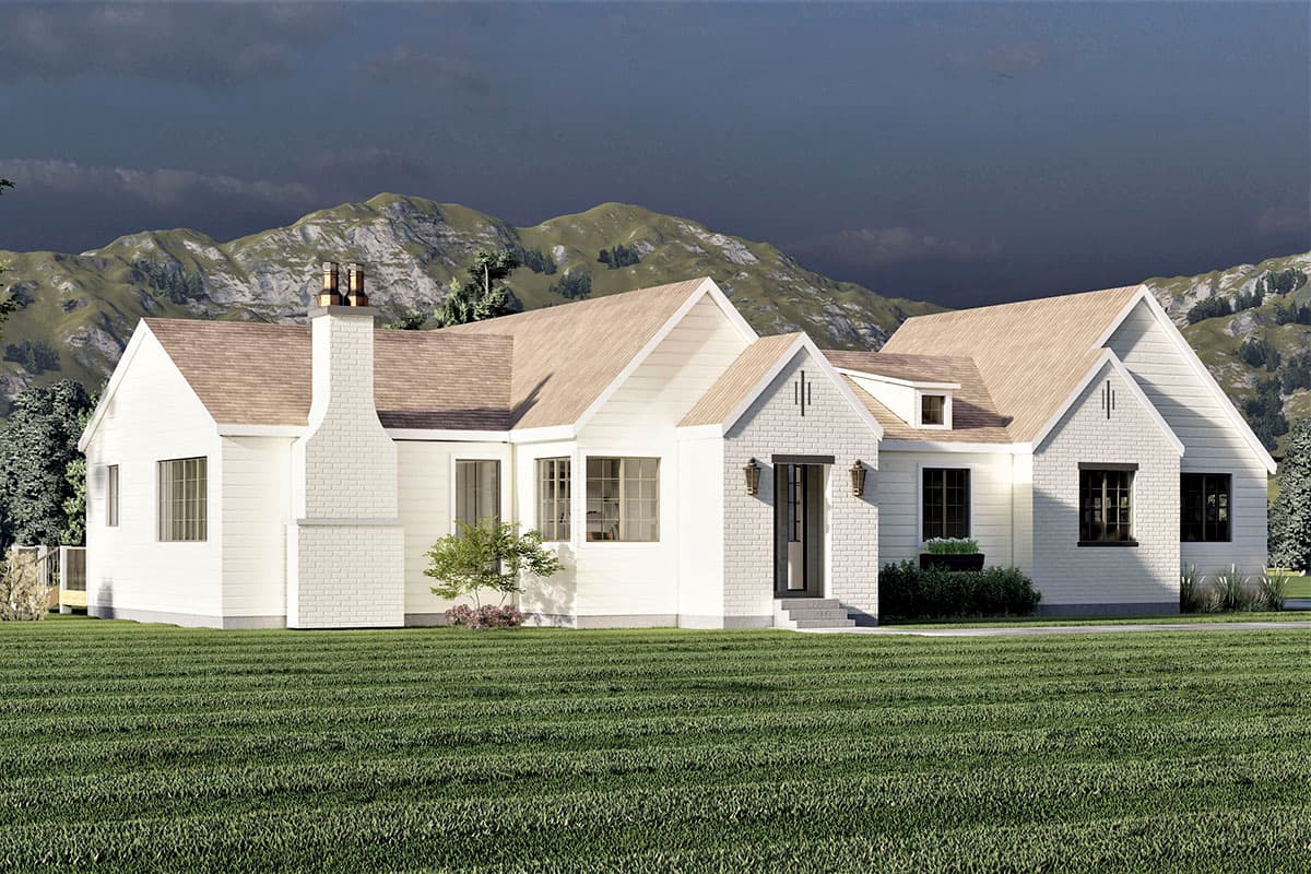 House plan exterior: Ranch style, white siding and brick accents, prominent gabled dormers, and a large brick chimney.