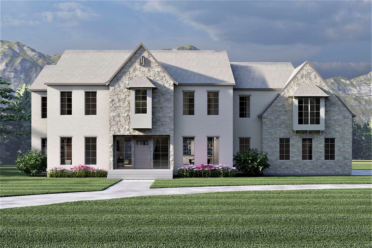 House plan exterior. Two-story home with stone and brick facade. Features include gabled rooflines, bay windows, and a covered entry.