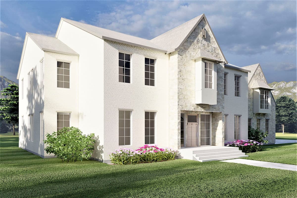 House plan exterior: Two-story residence with white brick, stone accents, multiple gables, and bay windows.