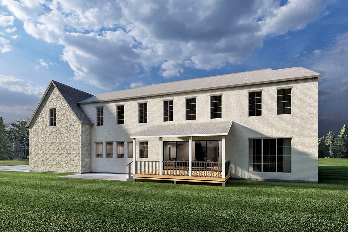 House plan exterior: two-story modern farmhouse with stone accents, large gabled section, and covered deck.