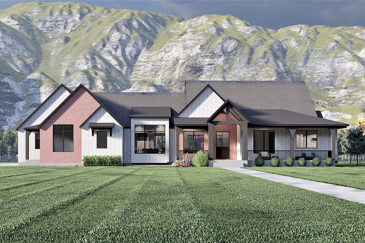 Modern Farmhouse house plan exterior with gables, brick accents, covered porch, and multiple window styles.
