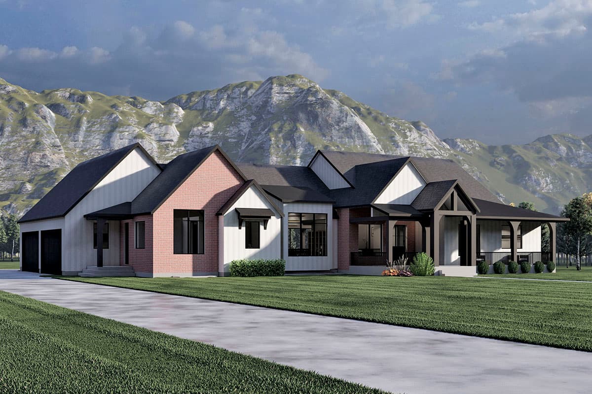 House plan exterior featuring a Modern Farmhouse style with a gabled roof, brick and siding, and a front porch. One story with a 2-car garage.