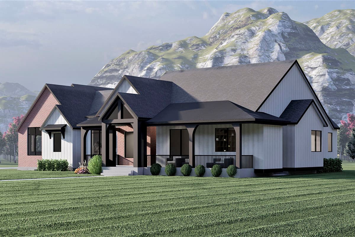 House plan exterior: Modern Farmhouse style, one-story, with a covered porch, board and batten siding, and brick accents.