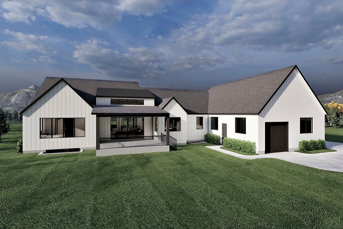 Modern house plan exterior with board and batten siding, gables, covered porch, and attached garage.