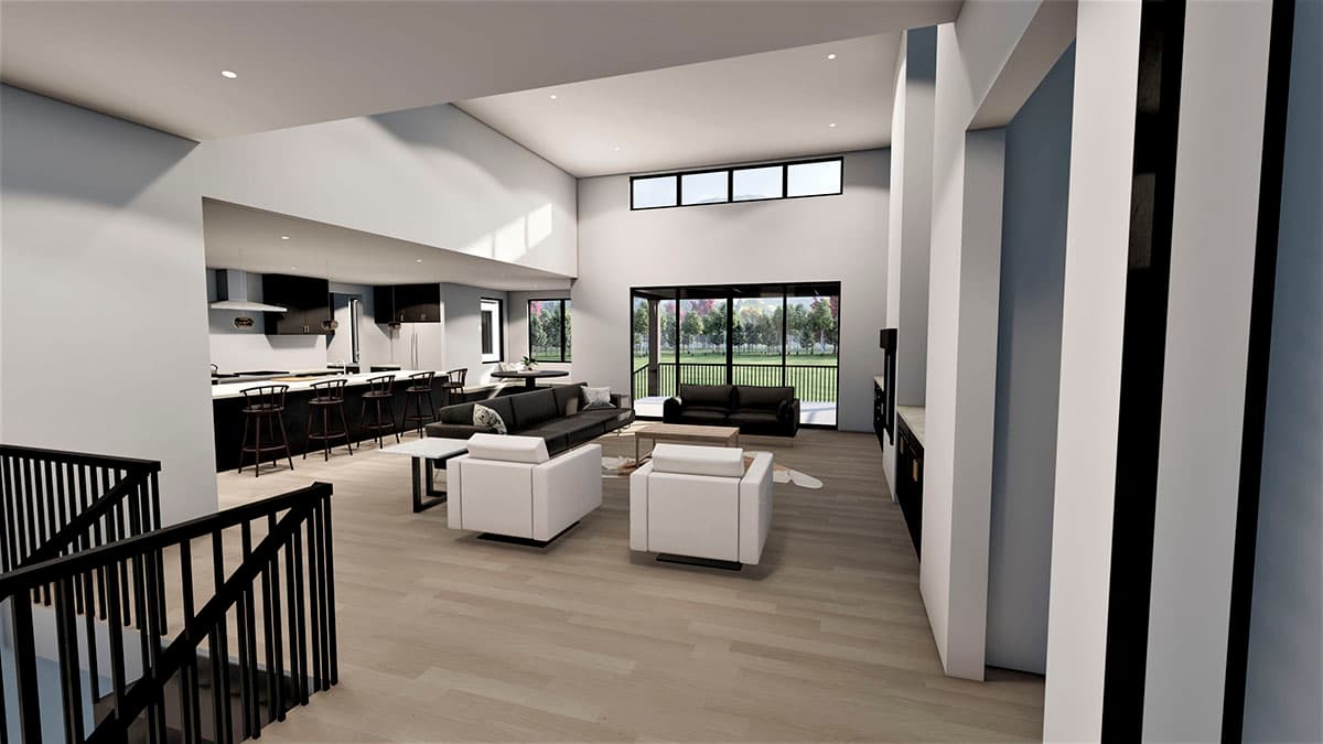 Interior rendering of a spacious great room and kitchen with vaulted ceiling, island, and large windows.