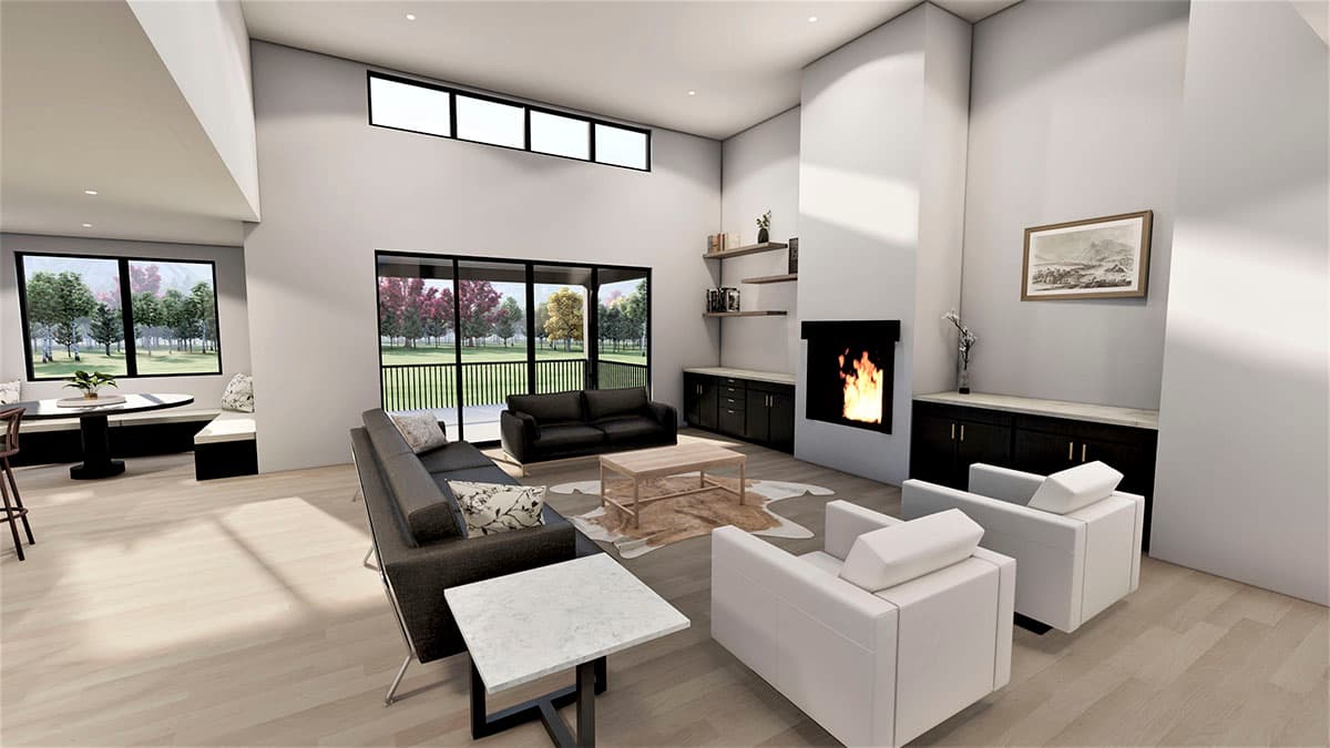 Great room interior rendering with vaulted ceiling, fireplace, built-in banquette seating, and large windows overlooking yard.