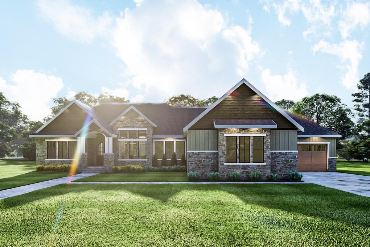 House plan exterior. Single-story with Craftsman details. Features include a front porch, stone accents, and a gabled roofline. Attached garage.