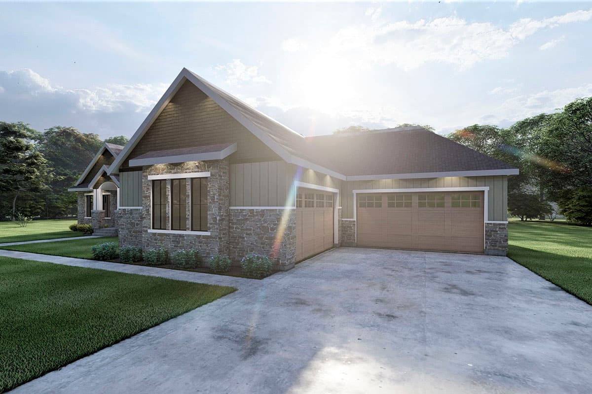 House plan exterior. Single-story home with stone and vertical siding, gable rooflines, and a three-car garage.