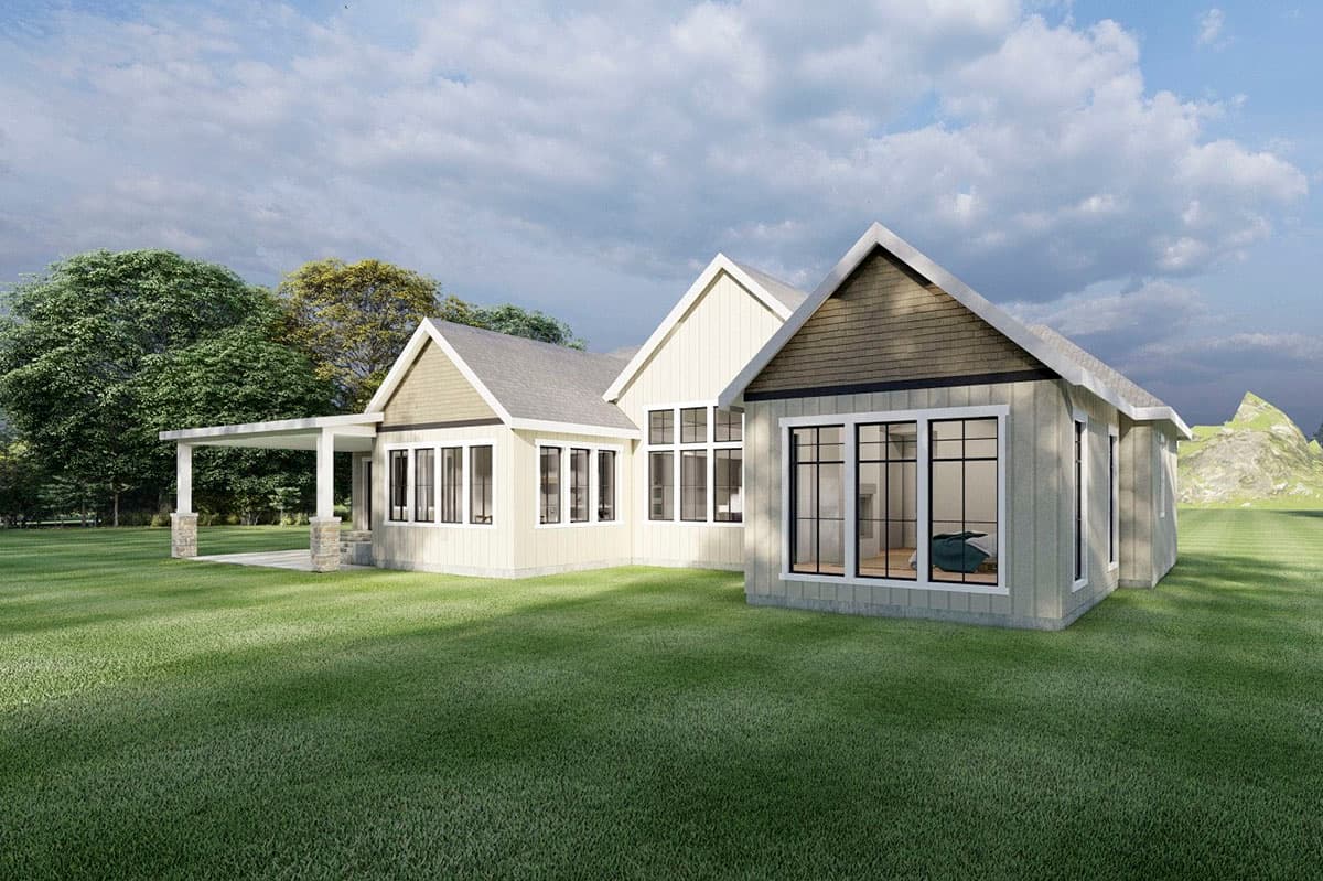 House plan exterior: Single-story Modern Farmhouse with gabled rooflines, covered porch supported by stone columns, and numerous large windows.