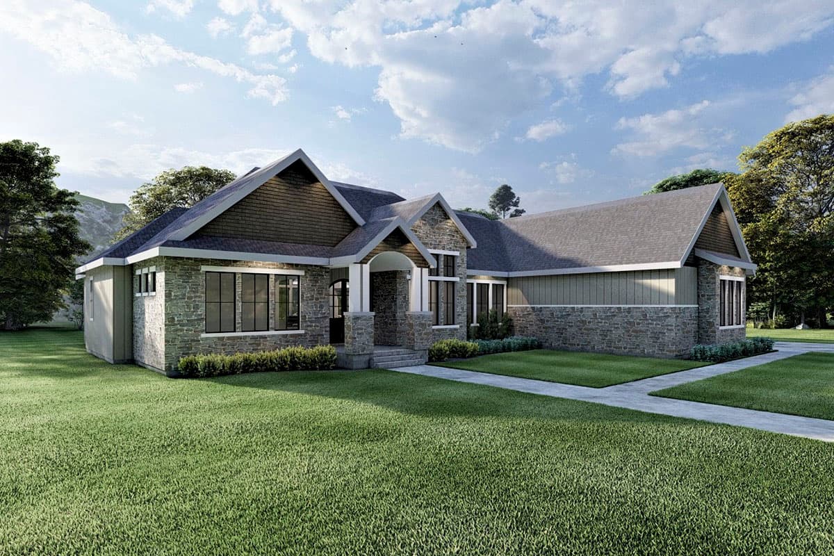 House plan exterior: Single-story home with stone and board-and-batten siding, prominent gables, and covered entry.