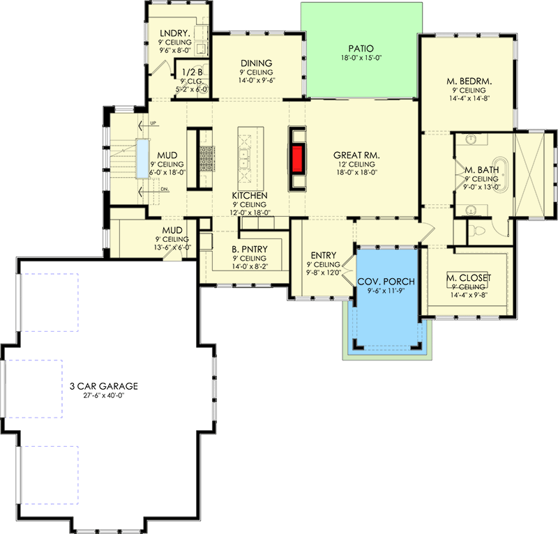 Plan 490090NAH: 3,000 Square Foot Transitional French Country House Plan with 3-Car Garage - Floor Plan - Main Level - Contemporary, European, French Country, Transitional