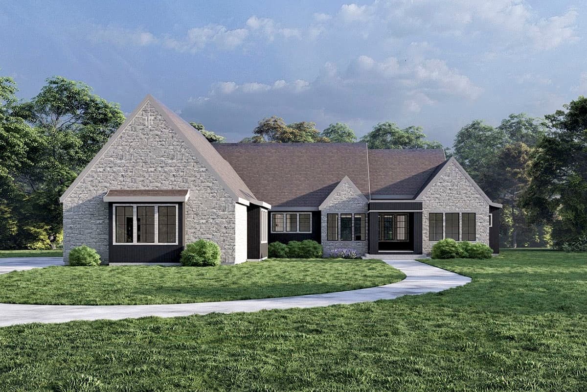 House plan exterior. Stone and siding facade with multiple gables, covered porch, and a low-pitched roof.