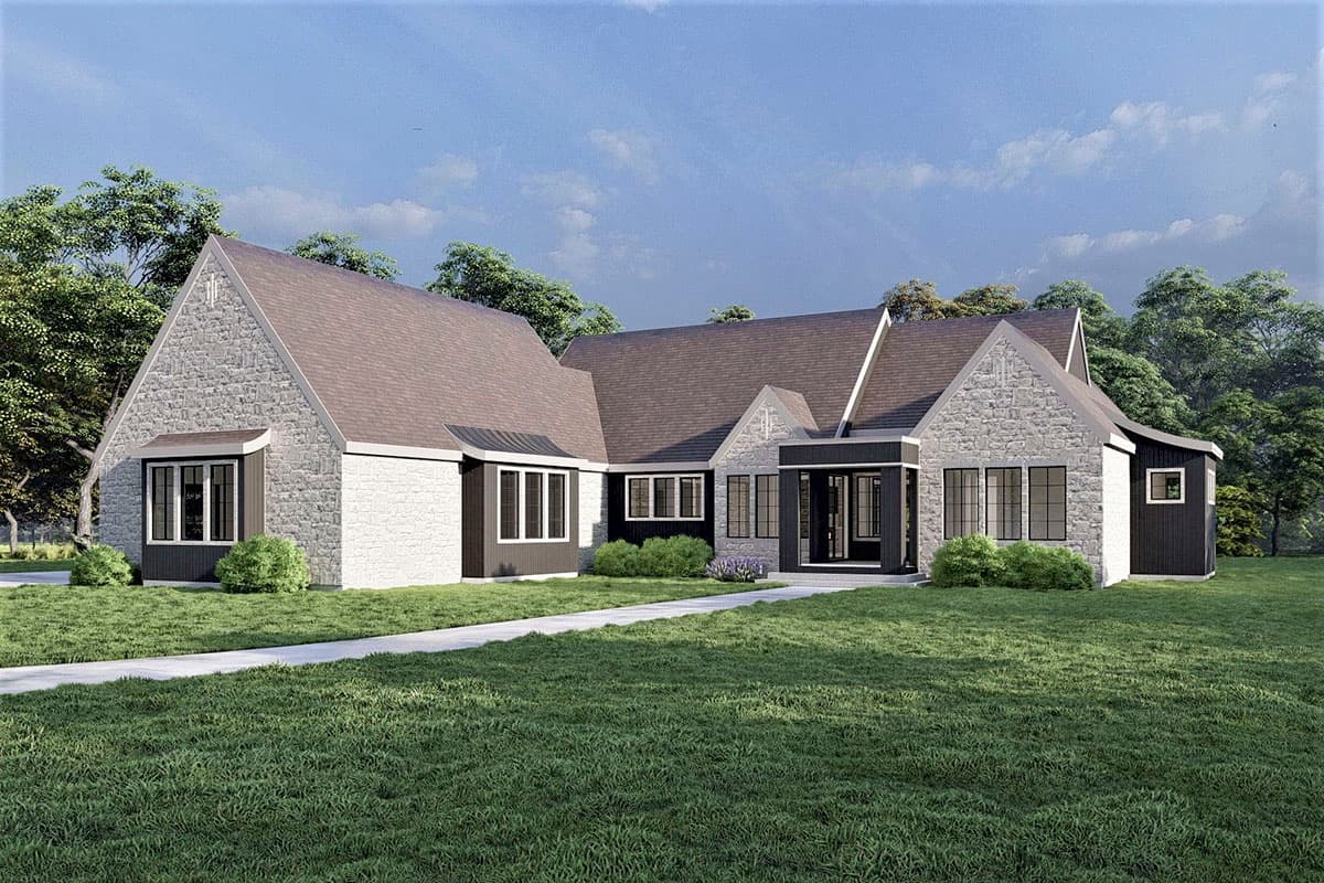 House plan exterior, one story, stone facade, multiple gables, prominent entry porch, and bay windows.