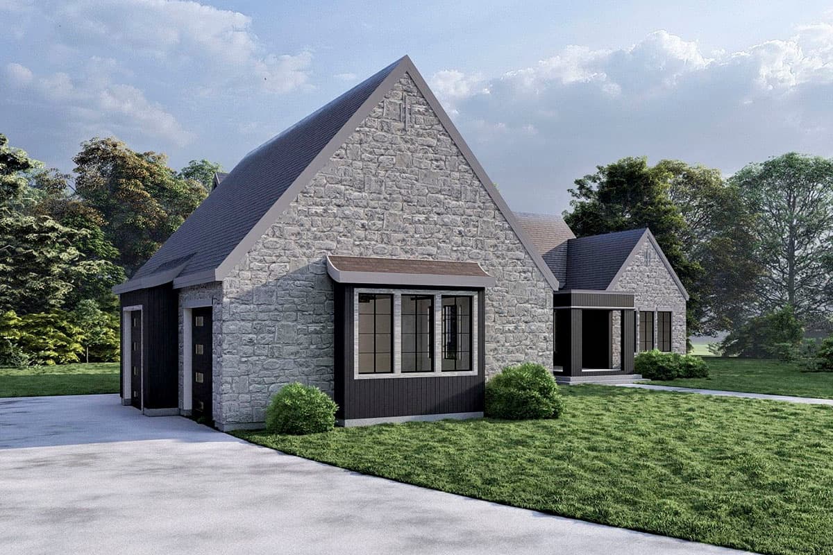 Stone-clad house plan exterior with gabled roof, attached garage, bay window, and covered entryway.
