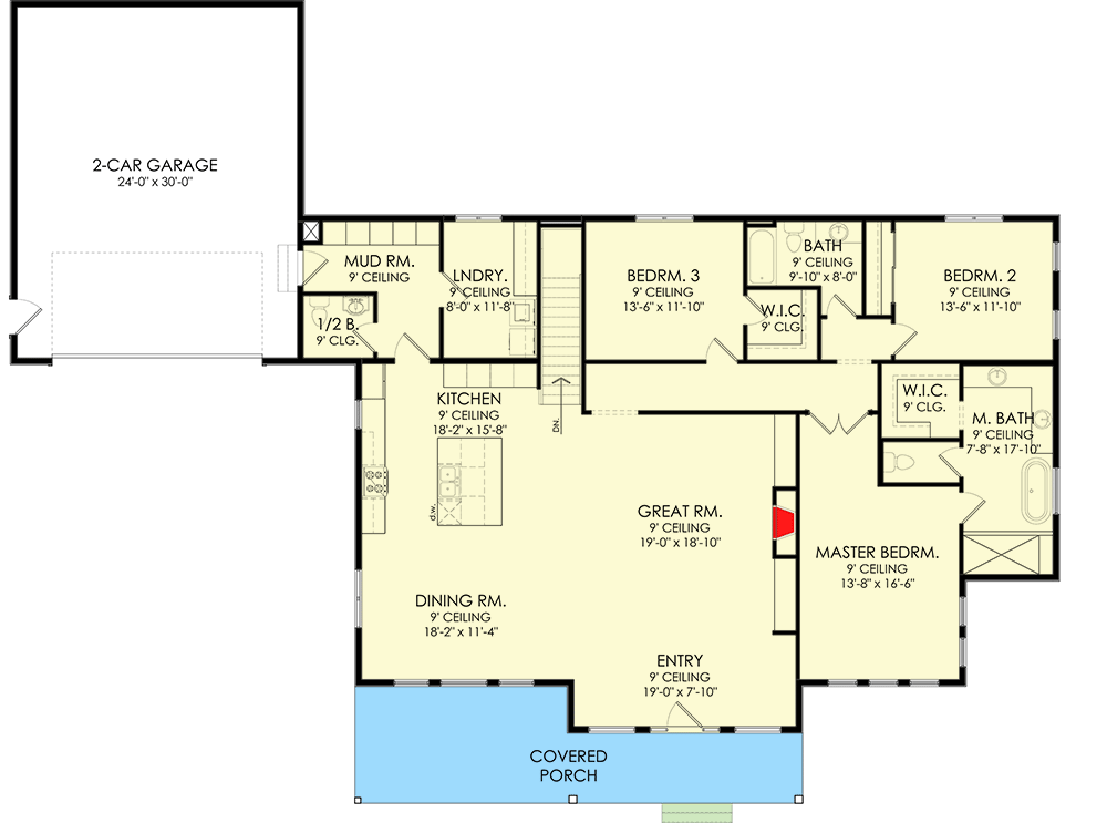 Plan 490091NAH: One-Story Farmhouse Plan Under 2500 Square Feet with Lower Level Expansion - Floor Plan - Main Level - Country, Farmhouse, New American, Ranch, Traditional