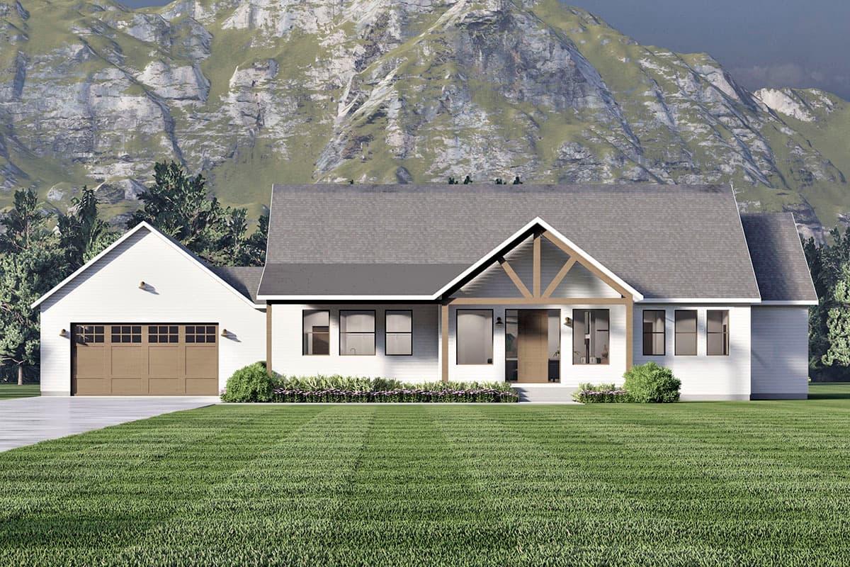 House plan exterior with Craftsman style. Features include a gabled roof, timber-framed entry porch, and attached garage. Single-story construction.