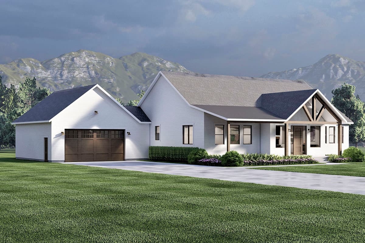 Modern Farmhouse house plan exterior with attached garage, gable rooflines, and exposed wood beams on covered front porch.