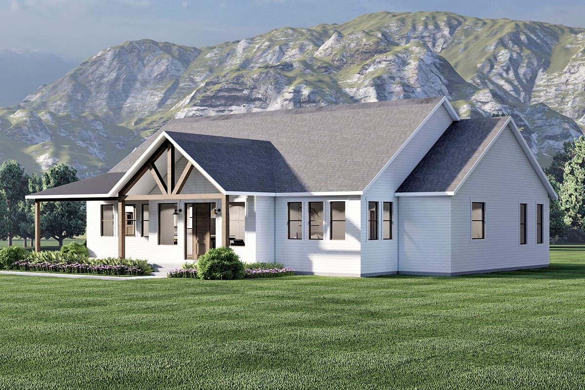 Modern Farmhouse house plan exterior with exposed timber framing on front gable, covered porch, and multiple windows.