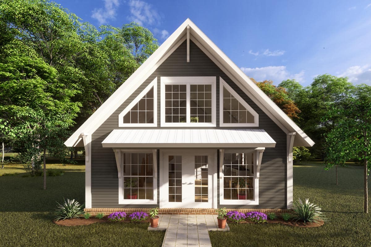 Modern Farmhouse house plan exterior with gable roof, front porch, and multiple window types.