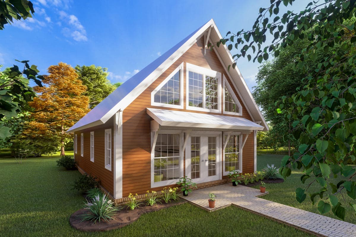 House plan exterior with two stories and a gable roof. Features include large windows, an awning over the front door, and a brick pathway.