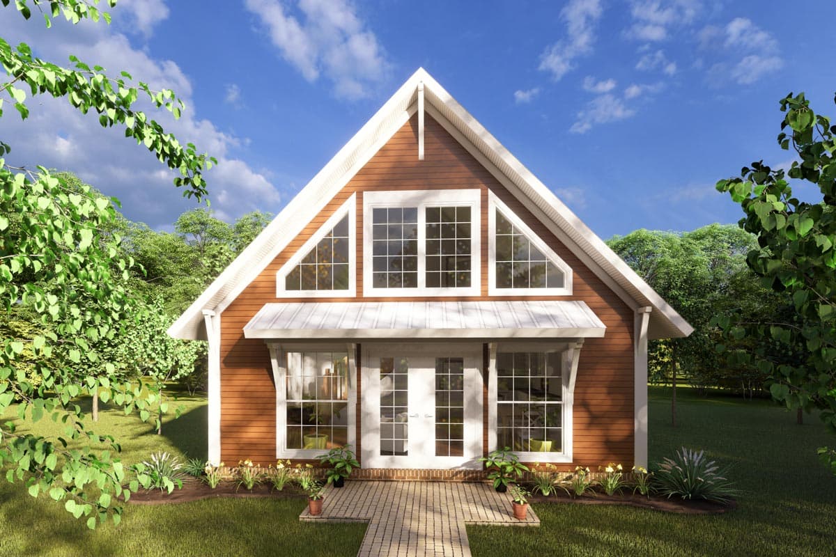 House plan exterior: A-frame style, two stories, featuring large gable windows, a metal shed roof porch, and double glass doors.