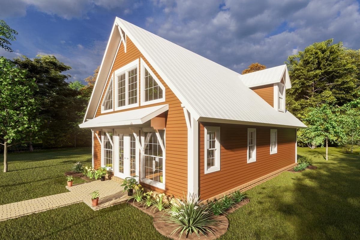 House plan exterior: Modern A-frame style, two stories, white metal roof, gable detailing, and large triangular windows.