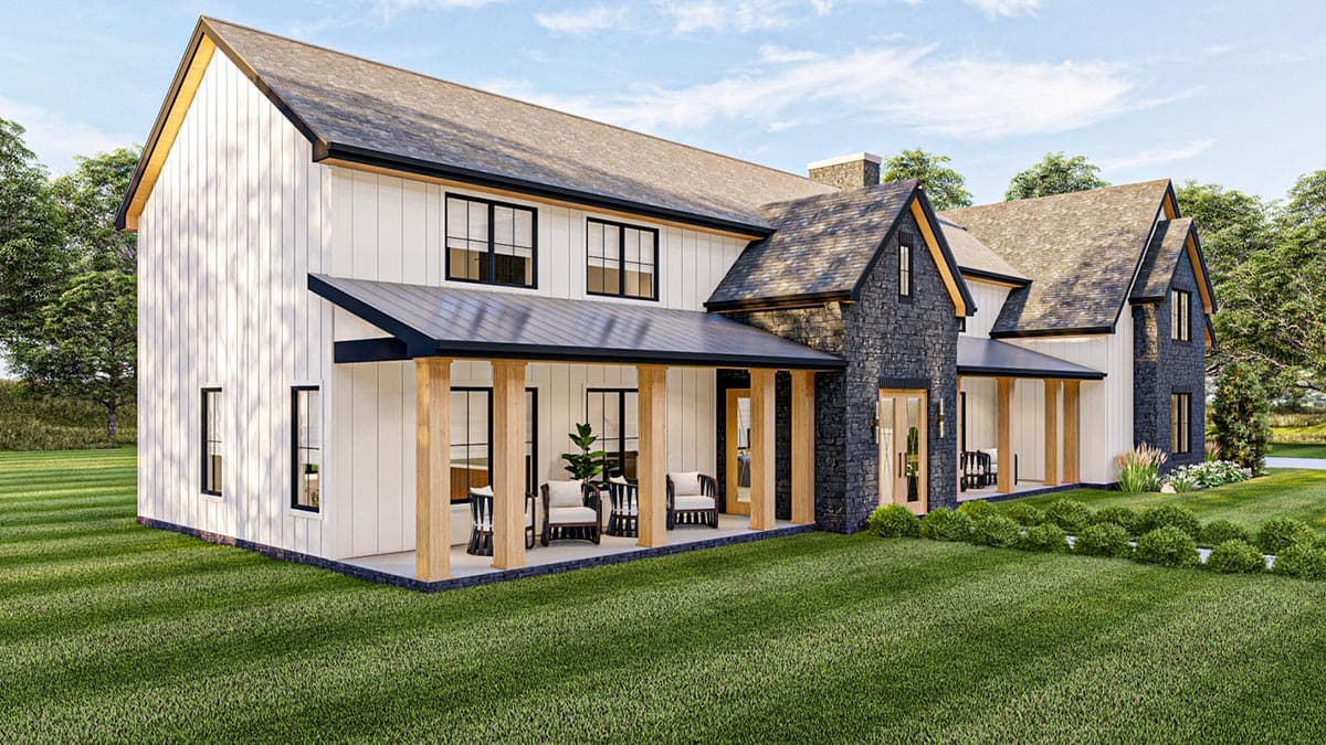 Modern farmhouse house plan exterior with board and batten siding, stone accents, and a covered porch with timber posts.